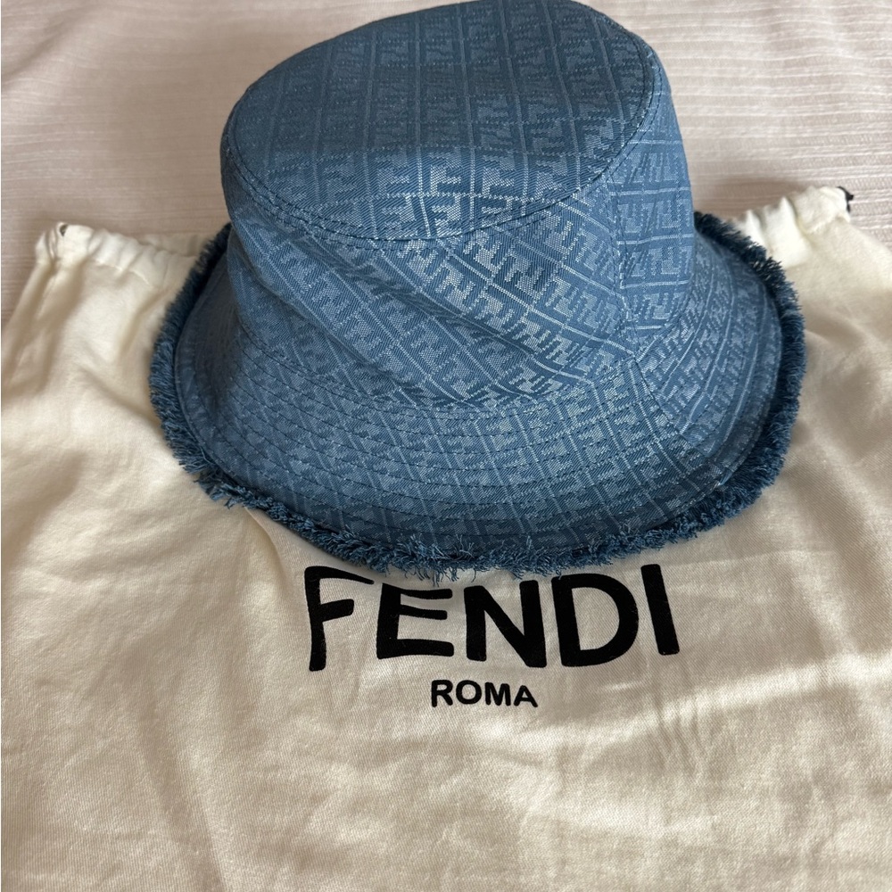 Fendi Light Blue Monogram Bucket Hat with fringe SZ 57 ( medium). NWT